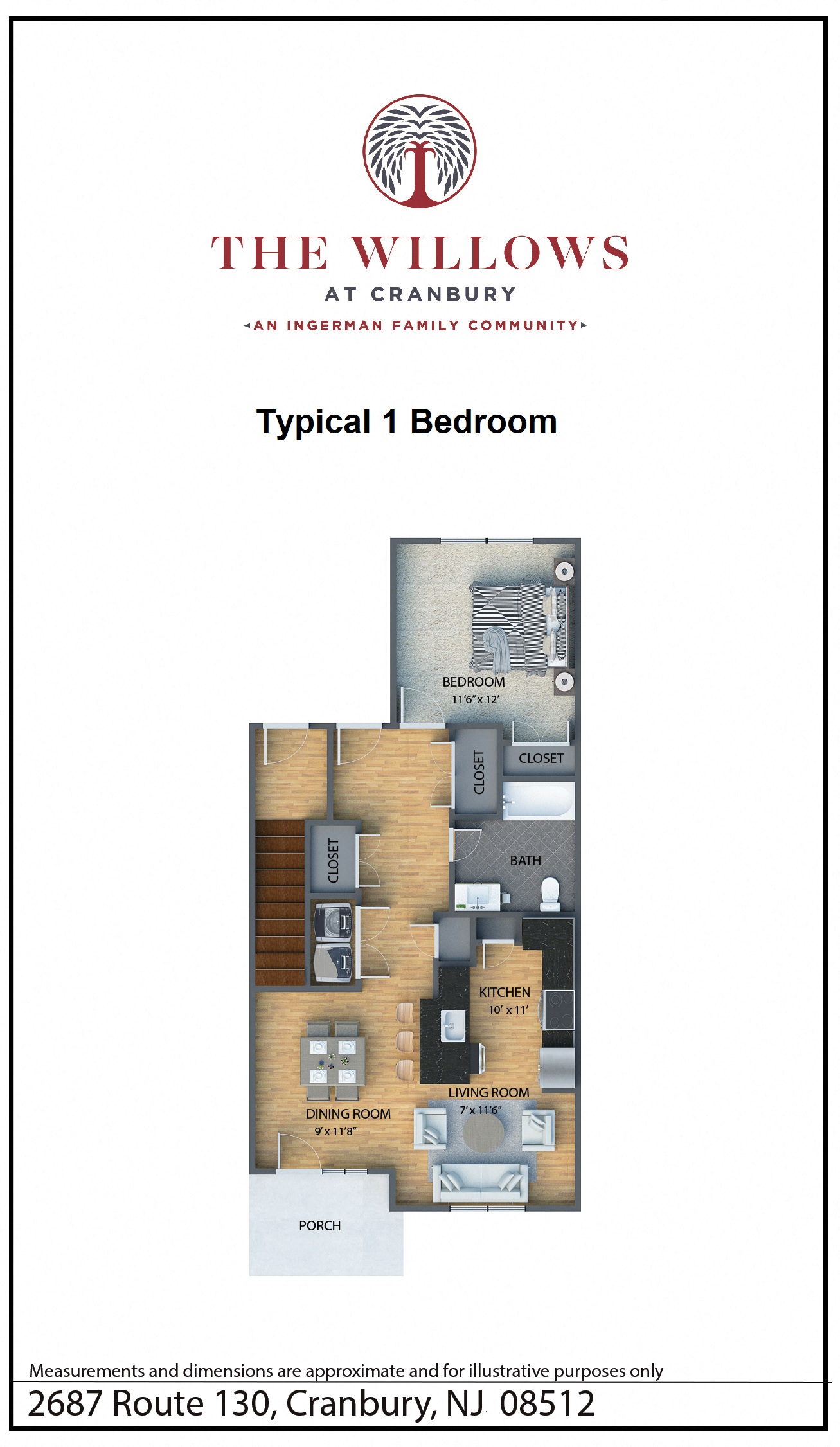 Floor plan for 1 bed, 1 bath, 723 sqft